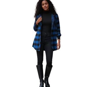Adam Levine Women's Flannel Button Up Hoodie Top, Blue Black